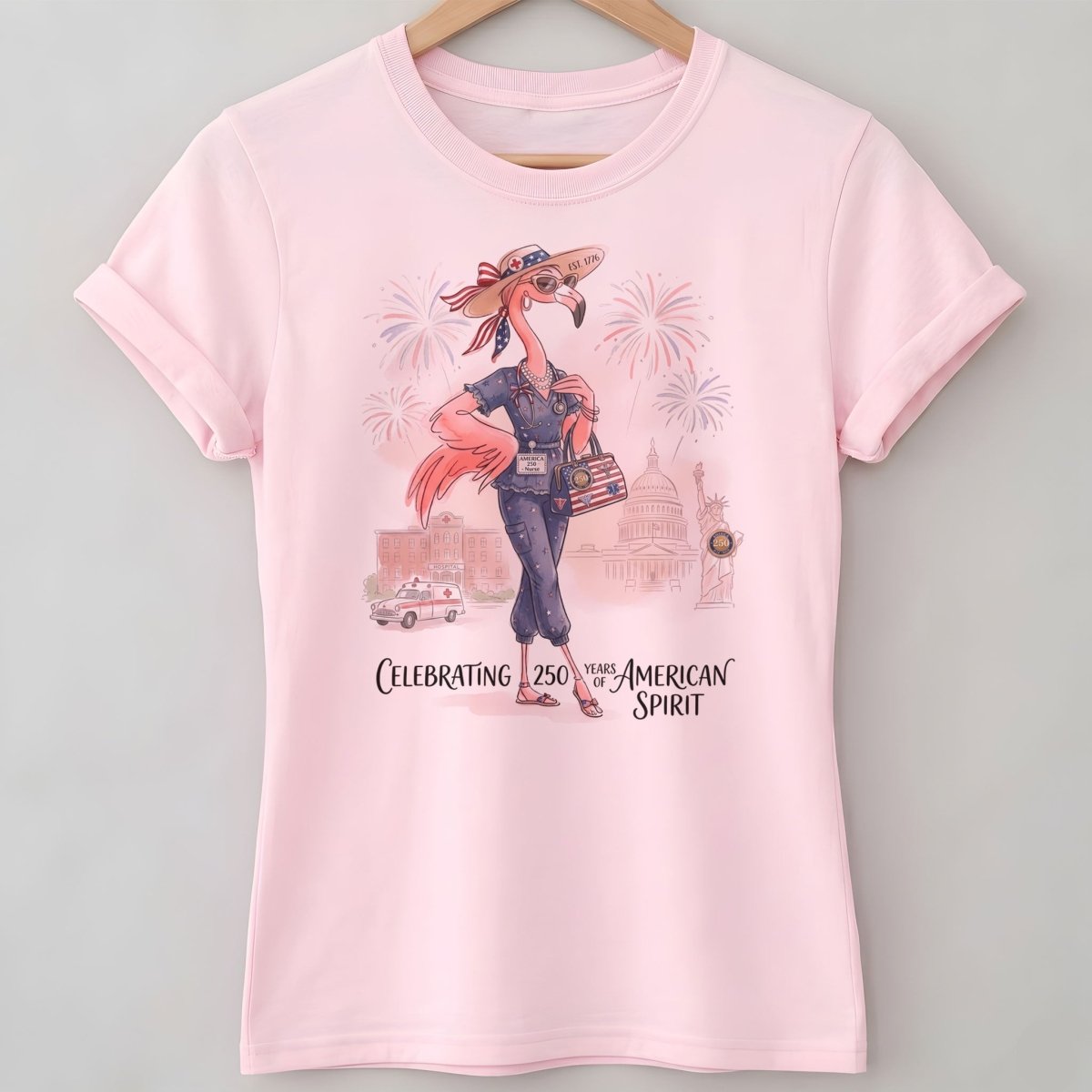 America 250 Years of American Spirit Nurse Scrubs Flamingo Shirt - FlamingoAholic