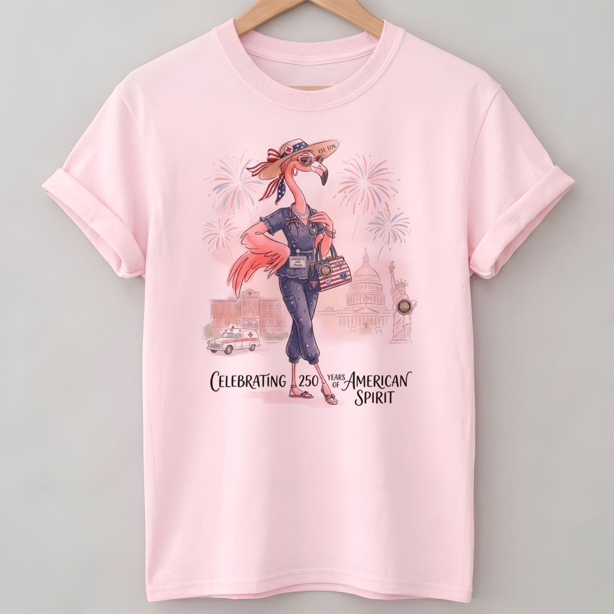 America 250 Years of American Spirit Nurse Scrubs Flamingo Shirt - FlamingoAholic