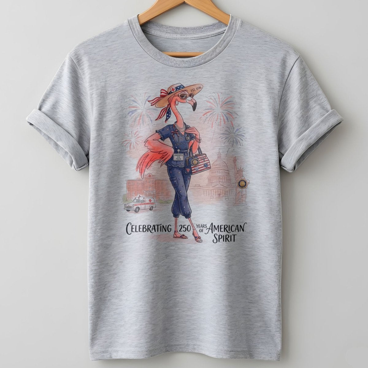 America 250 Years of American Spirit Nurse Scrubs Flamingo Shirt - FlamingoAholic