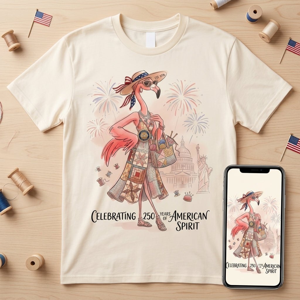 America 250 Years of American Spirit Quilting Knitting Flamingo Shirt - FlamingoAholic