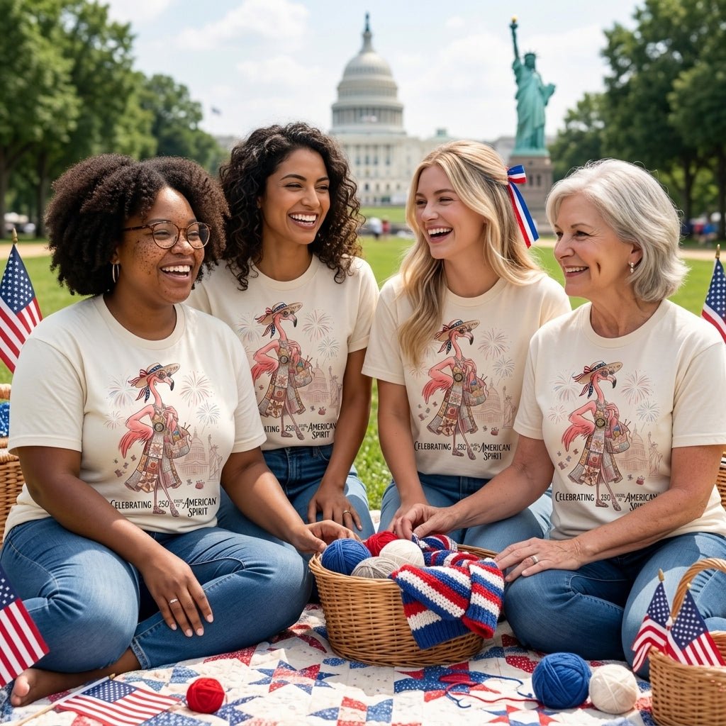 America 250 Years of American Spirit Quilting Knitting Flamingo Shirt - FlamingoAholic