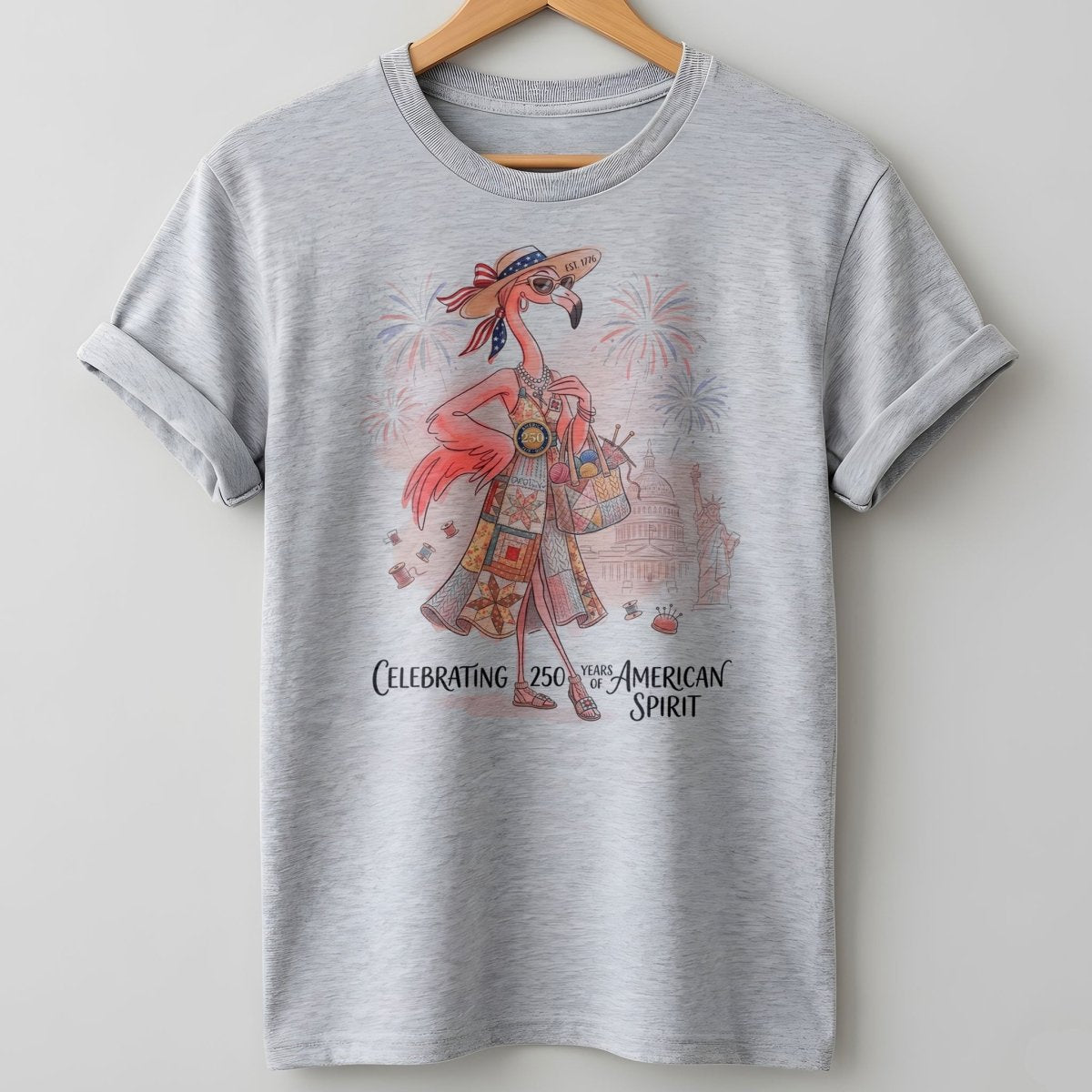 America 250 Years of American Spirit Quilting Knitting Flamingo Shirt - FlamingoAholic