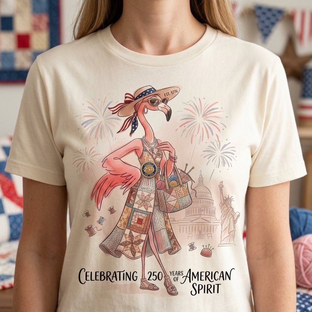America 250 Years of American Spirit Quilting Knitting Flamingo Shirt - FlamingoAholic