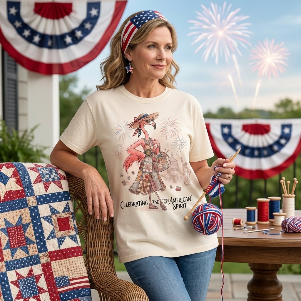 America 250 Years of American Spirit Quilting Knitting Flamingo Shirt - FlamingoAholic