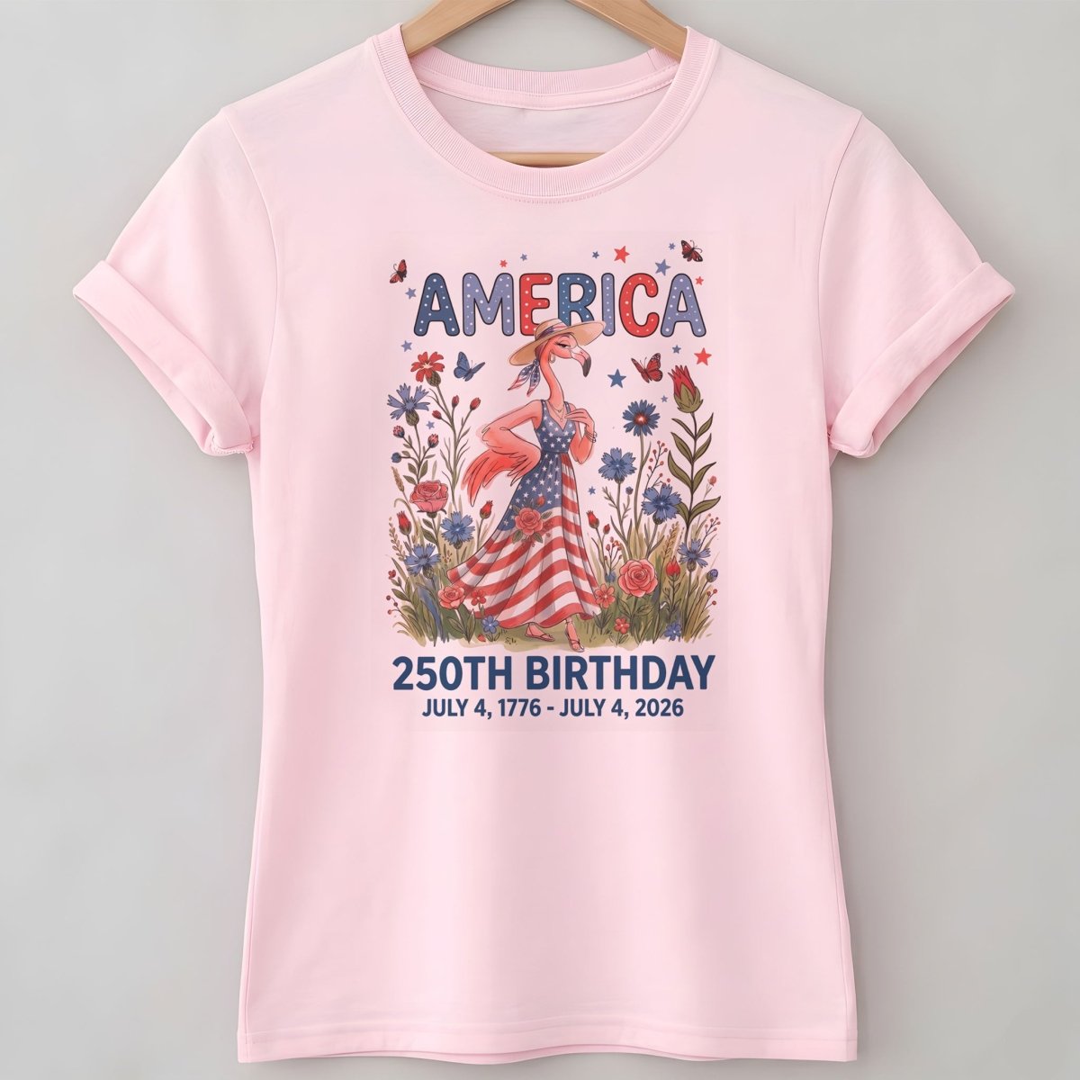 America 250th Birthday Patriotic Wildflower Flamingo T-Shirt - FlamingoAholic