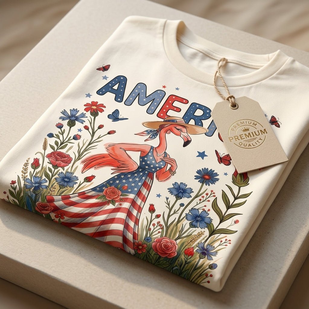 America 250th Birthday Patriotic Wildflower Flamingo T-Shirt - FlamingoAholic