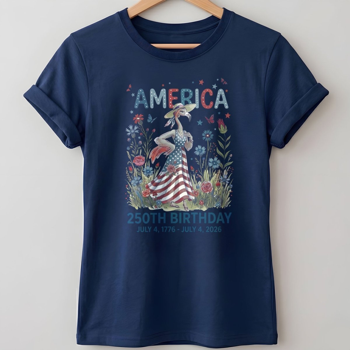 America 250th Birthday Patriotic Wildflower Flamingo T-Shirt - FlamingoAholic