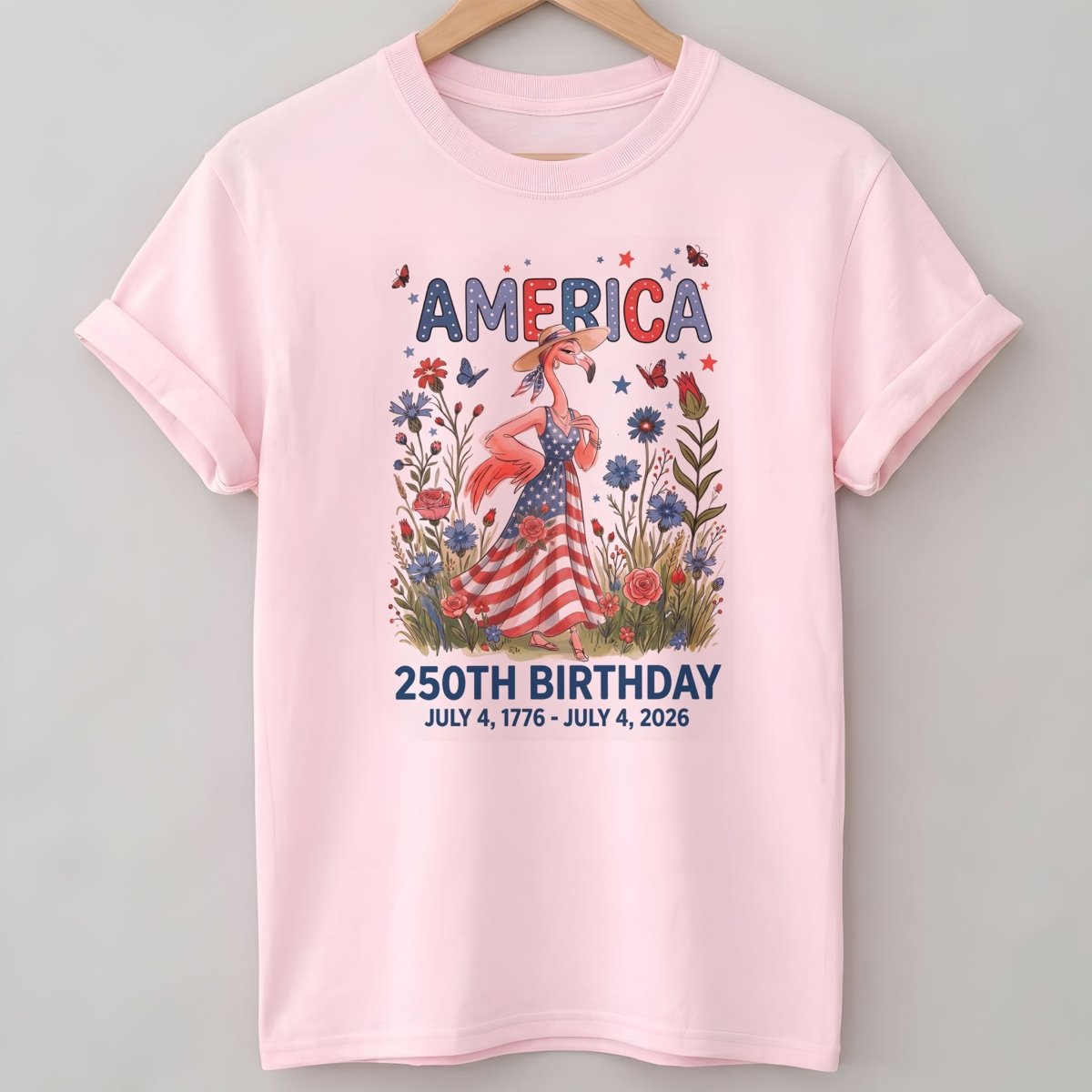 America 250th Birthday Patriotic Wildflower Flamingo T-Shirt - FlamingoAholic
