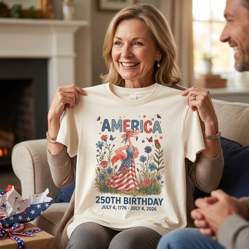 America 250th Birthday Patriotic Wildflower Flamingo T-Shirt - FlamingoAholic
