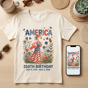 America 250th Birthday Patriotic Wildflower Flamingo T-Shirt - FlamingoAholic