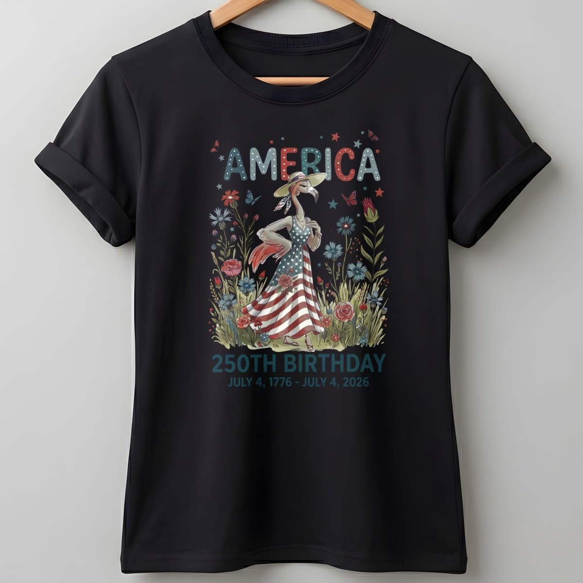 America 250th Birthday Patriotic Wildflower Flamingo T-Shirt - FlamingoAholic