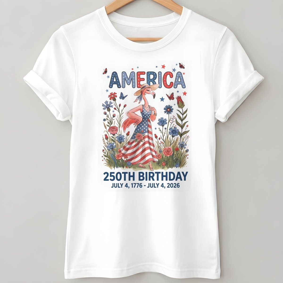 America 250th Birthday Patriotic Wildflower Flamingo T-Shirt - FlamingoAholic