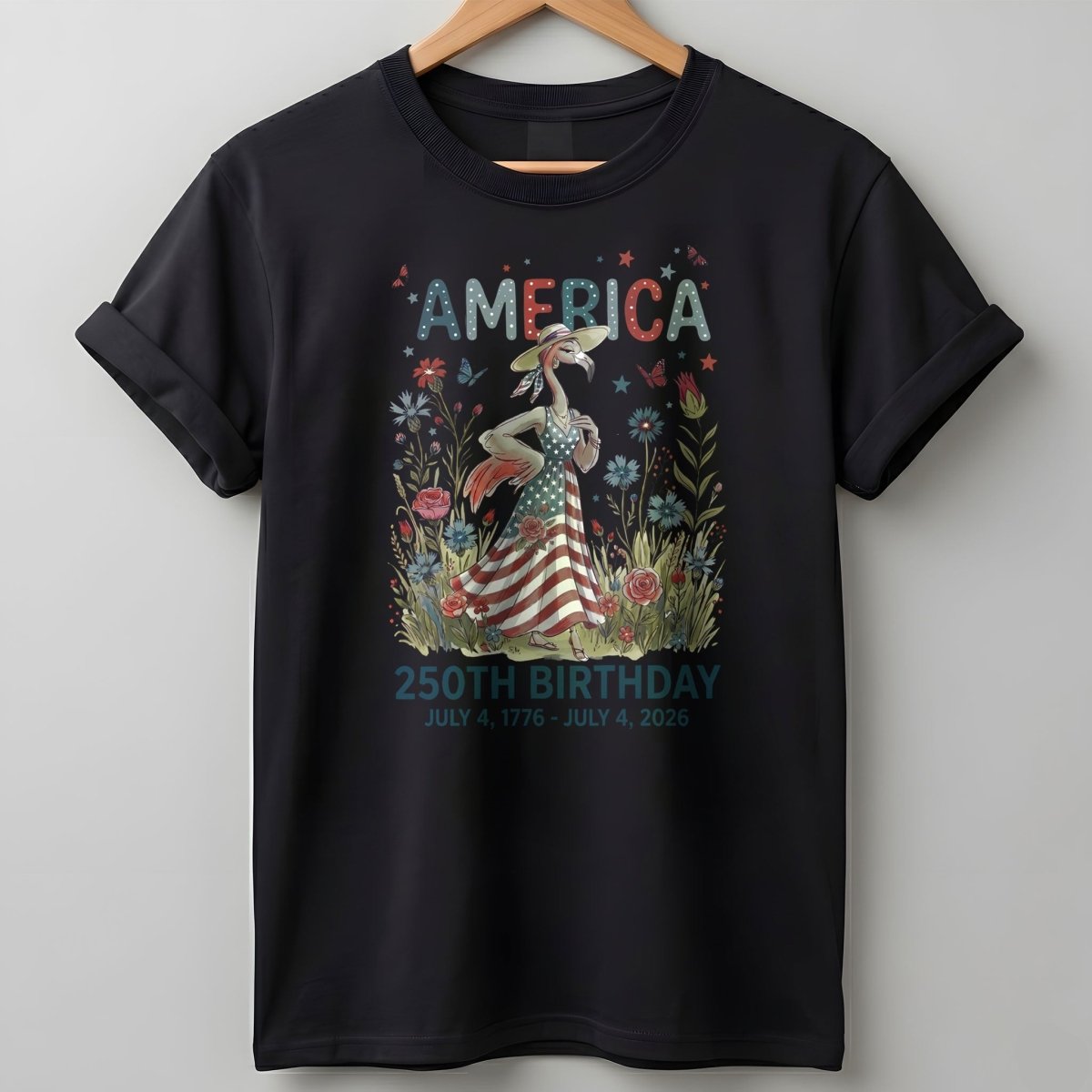 America 250th Birthday Patriotic Wildflower Flamingo T-Shirt - FlamingoAholic