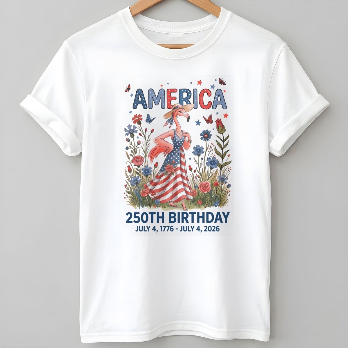 America 250th Birthday Patriotic Wildflower Flamingo T-Shirt - FlamingoAholic