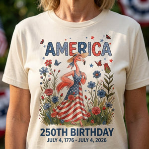 America 250th Birthday Patriotic Wildflower Flamingo T-Shirt - FlamingoAholic
