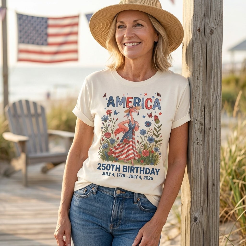 America 250th Birthday Patriotic Wildflower Flamingo T-Shirt - FlamingoAholic