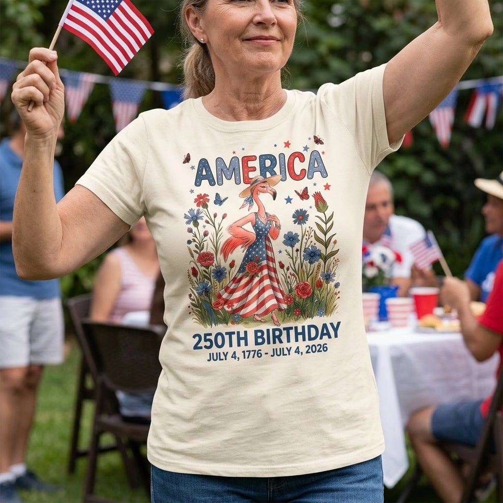 America 250th Birthday Patriotic Wildflower Flamingo T-Shirt - FlamingoAholic