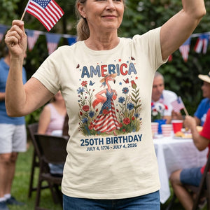 America 250th Birthday Patriotic Wildflower Flamingo T-Shirt - FlamingoAholic