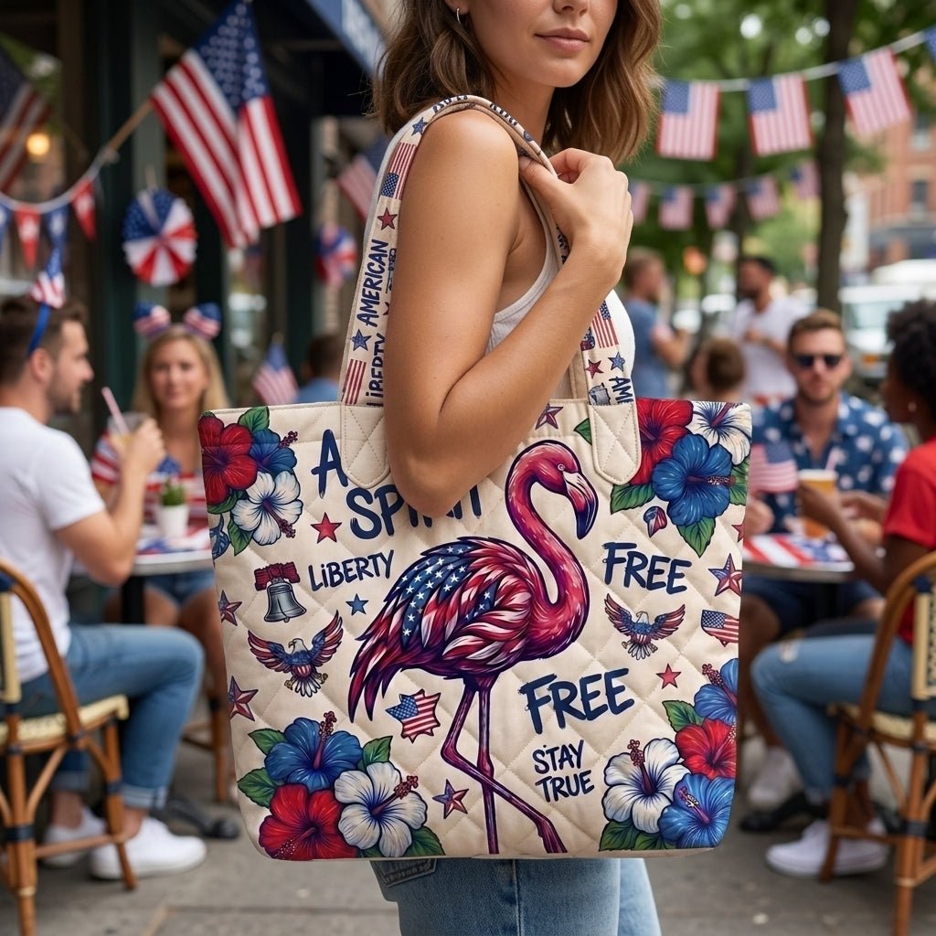 American Spirit Patriotic Flamingo Quilted Tote Bag - FlamingoAholic