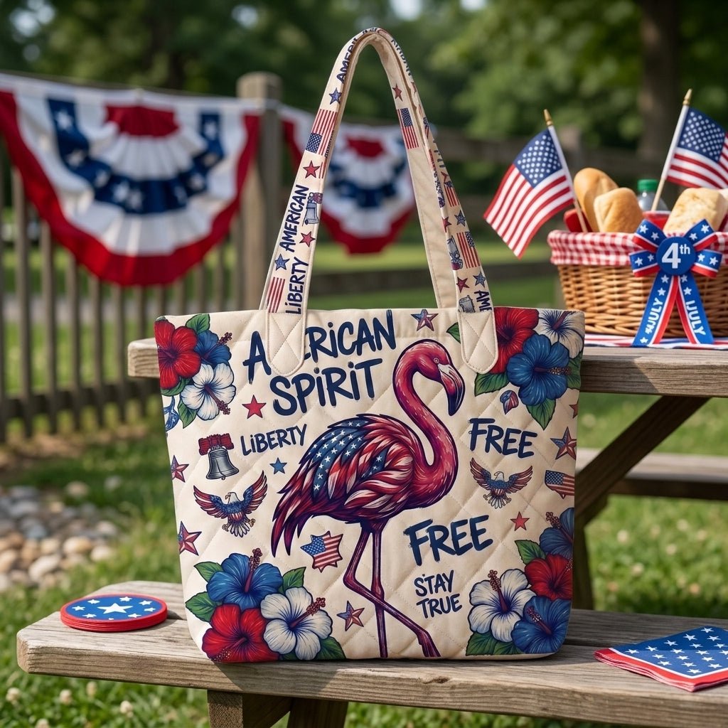 American Spirit Patriotic Flamingo Quilted Tote Bag - FlamingoAholic
