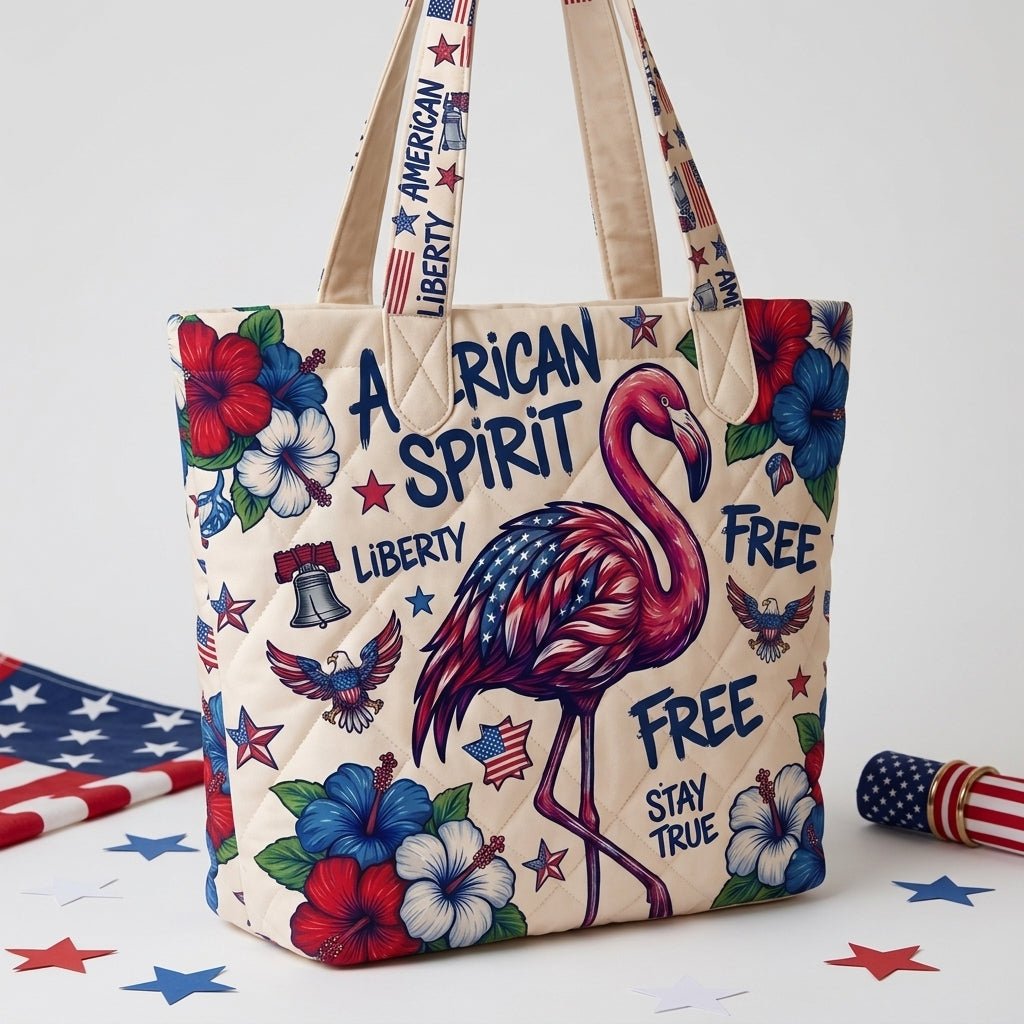 American Spirit Patriotic Flamingo Quilted Tote Bag - FlamingoAholic