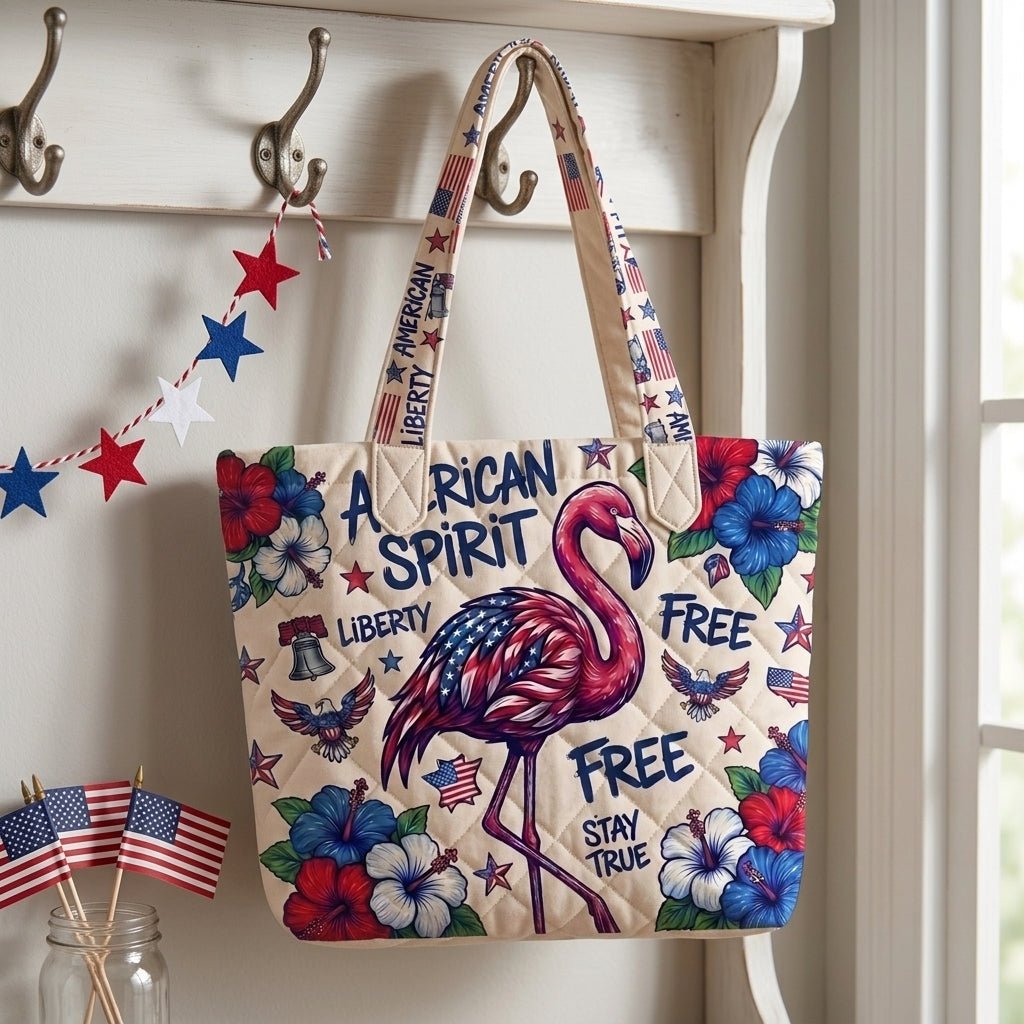 American Spirit Patriotic Flamingo Quilted Tote Bag - FlamingoAholic