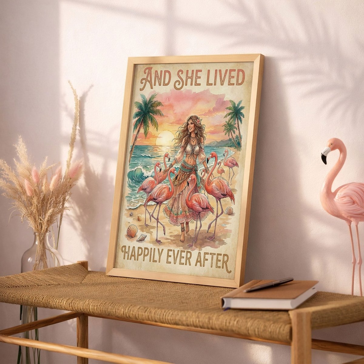 And She Lived Happily Ever After Flamingo Beach Poster – Tropical Pink Wall Art - FlamingoAholic