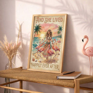 And She Lived Happily Ever After Flamingo Beach Poster – Tropical Pink Wall Art - FlamingoAholic