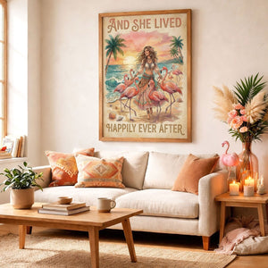 And She Lived Happily Ever After Flamingo Beach Poster – Tropical Pink Wall Art - FlamingoAholic