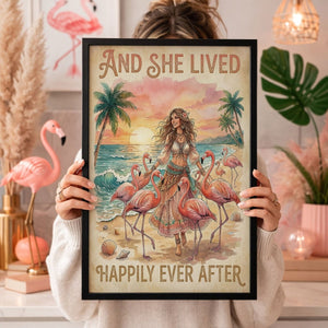 And She Lived Happily Ever After Flamingo Beach Poster – Tropical Pink Wall Art - FlamingoAholic