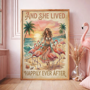 And She Lived Happily Ever After Flamingo Beach Poster – Tropical Pink Wall Art - FlamingoAholic