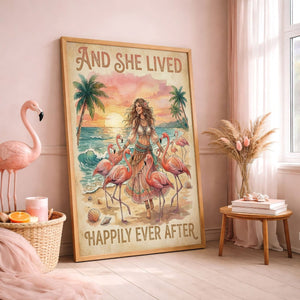 And She Lived Happily Ever After Flamingo Beach Poster – Tropical Pink Wall Art - FlamingoAholic