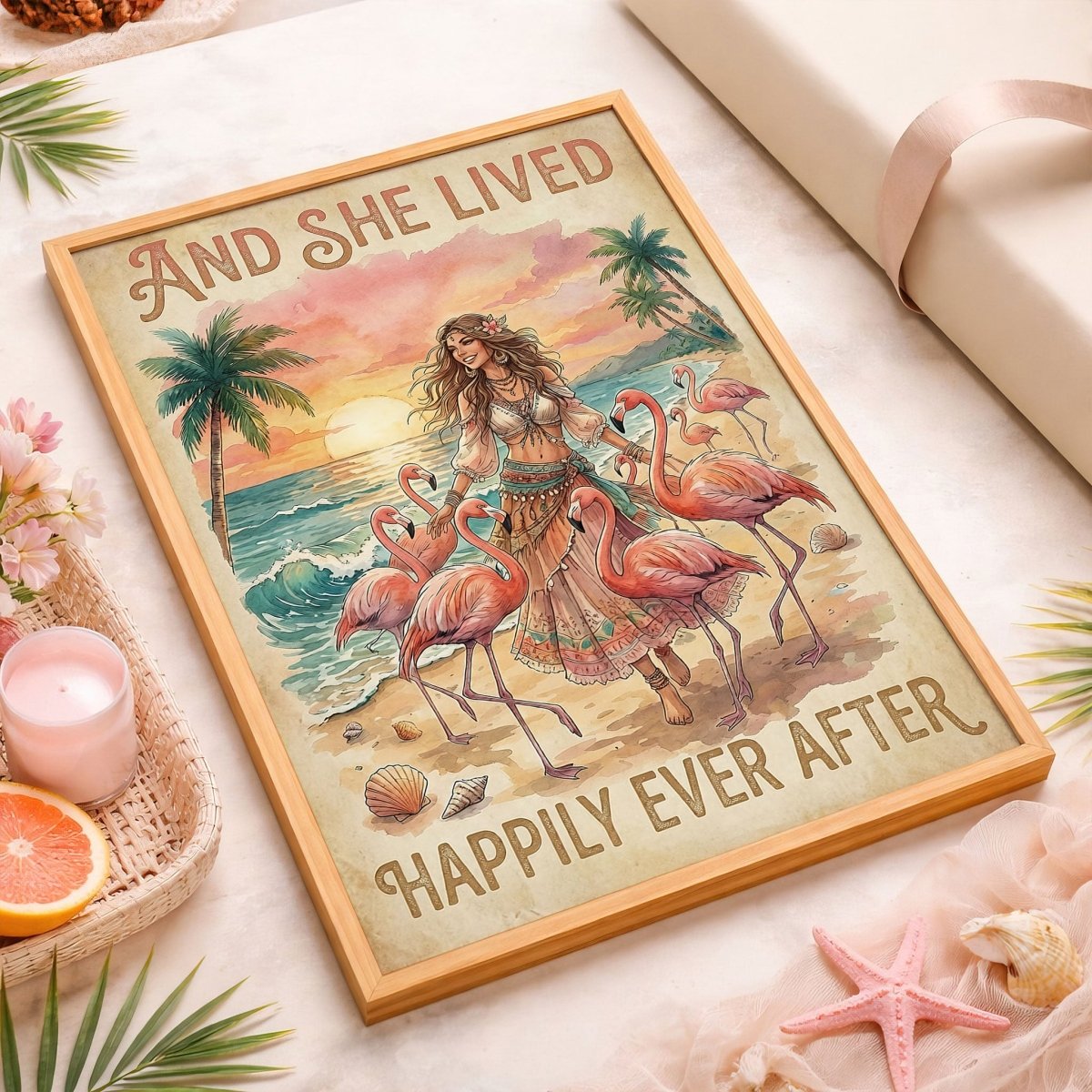 And She Lived Happily Ever After Flamingo Beach Poster – Tropical Pink Wall Art - FlamingoAholic
