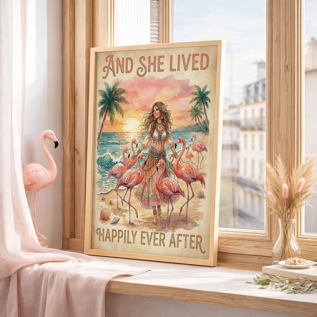 And She Lived Happily Ever After Flamingo Beach Poster – Tropical Pink Wall Art - FlamingoAholic