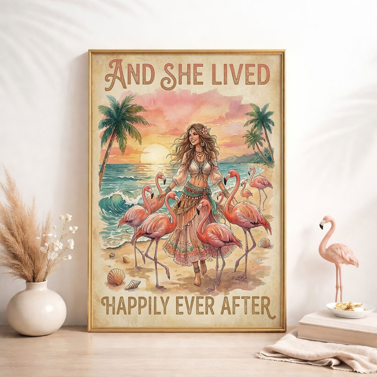 And She Lived Happily Ever After Flamingo Beach Poster – Tropical Pink Wall Art - FlamingoAholic
