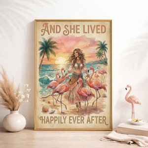 And She Lived Happily Ever After Flamingo Beach Poster – Tropical Pink Wall Art - FlamingoAholic