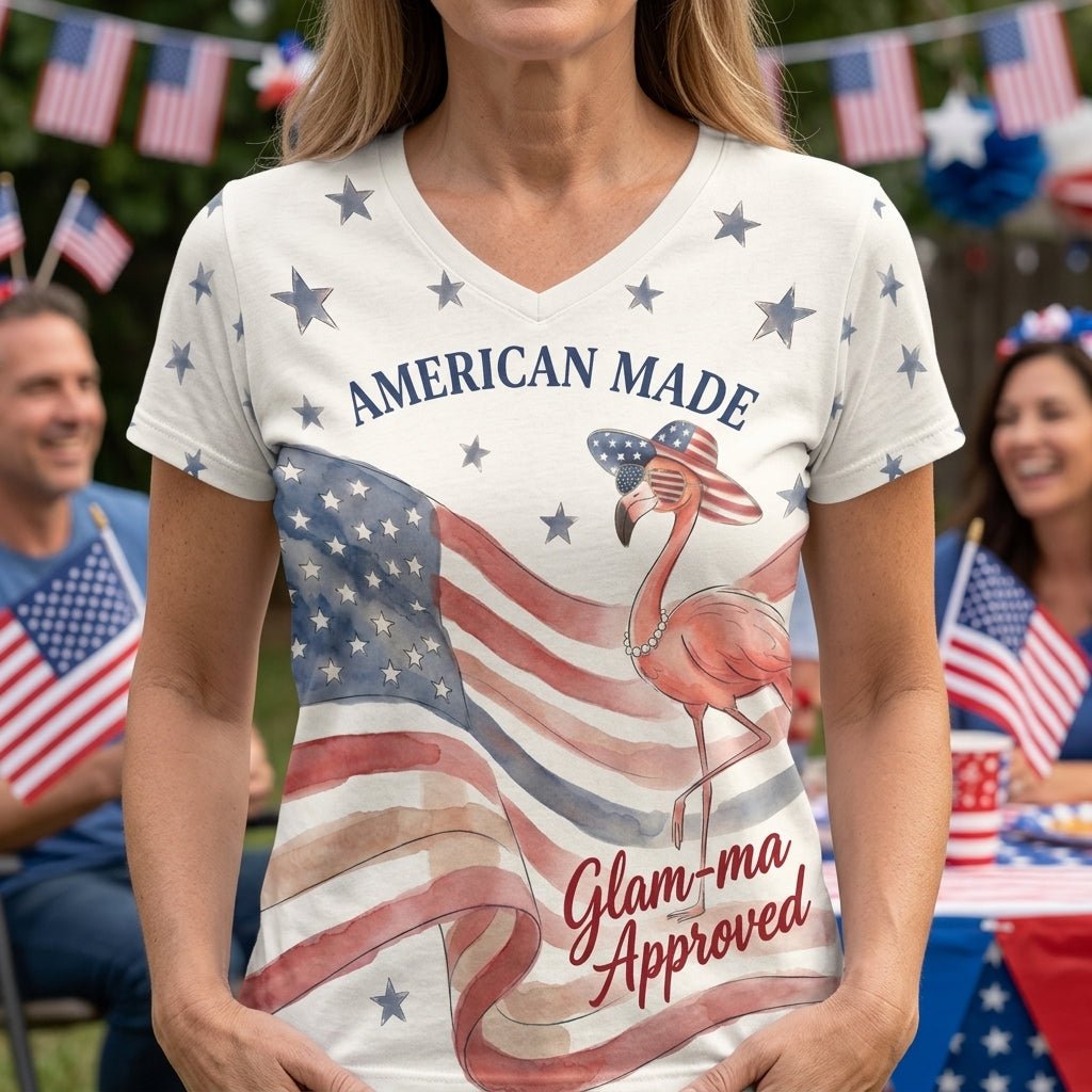 Personalized American Made Glam-ma Approved Patriotic Watercolor V-Neck T-Shirt