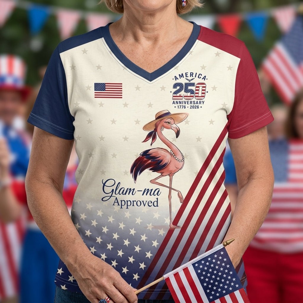Personalized America 250 Glam-ma Approved Patriotic All-Over Print V-Neck T-Shirt