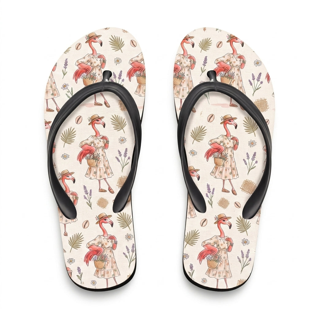 Coastal Flamingo Print Cream Canvas Lightweight Water-Resistant Flip Flops