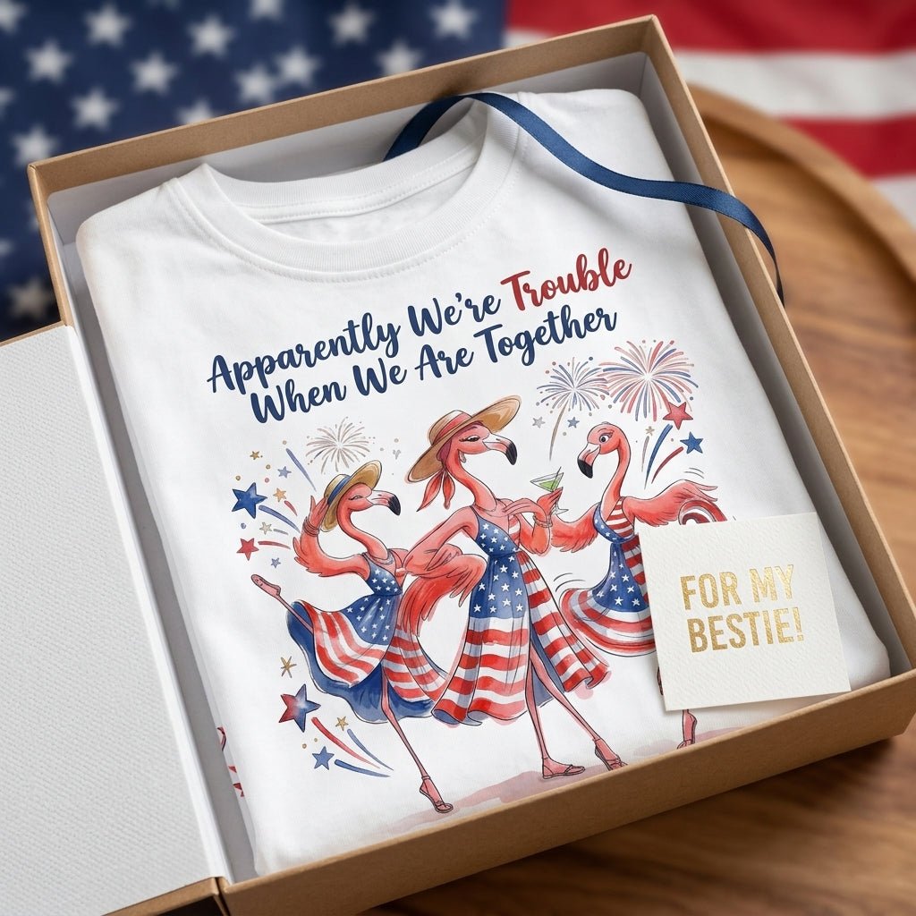 Apparently We're Trouble Flamingo Besties Patriotic July 4th Shirt - FlamingoAholic