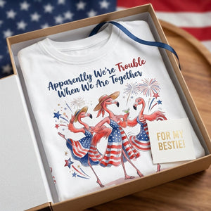 Apparently We're Trouble Flamingo Besties Patriotic July 4th Shirt - FlamingoAholic