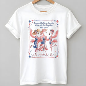 Apparently We're Trouble Flamingo Besties Patriotic July 4th Shirt - FlamingoAholic