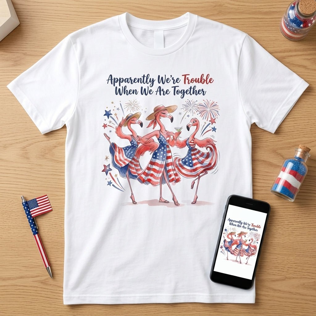 Apparently We're Trouble Flamingo Besties Patriotic July 4th Shirt - FlamingoAholic
