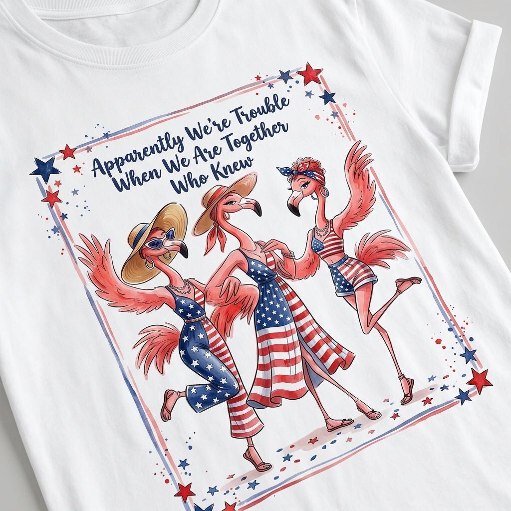 Apparently We're Trouble Flamingo Besties Patriotic July 4th Shirt - FlamingoAholic
