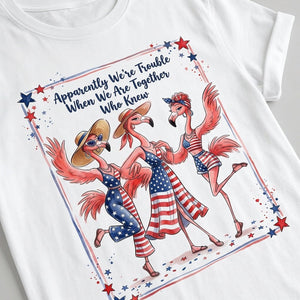 Apparently We're Trouble Flamingo Besties Patriotic July 4th Shirt - FlamingoAholic