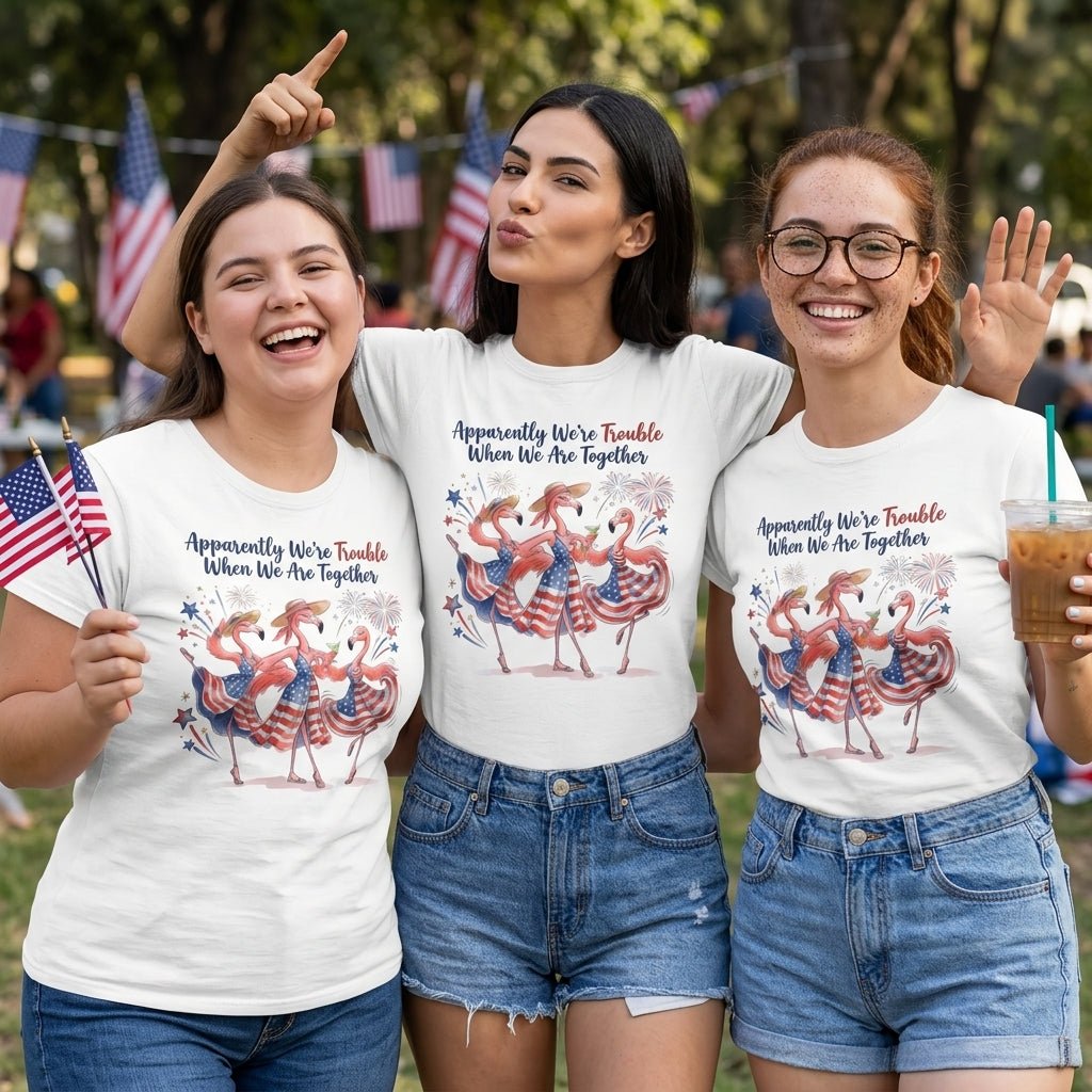 Apparently We're Trouble Flamingo Besties Patriotic July 4th Shirt - FlamingoAholic