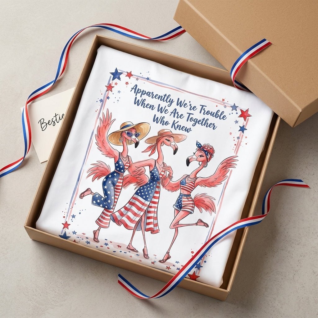 Apparently We're Trouble Flamingo Besties Patriotic July 4th Shirt - FlamingoAholic