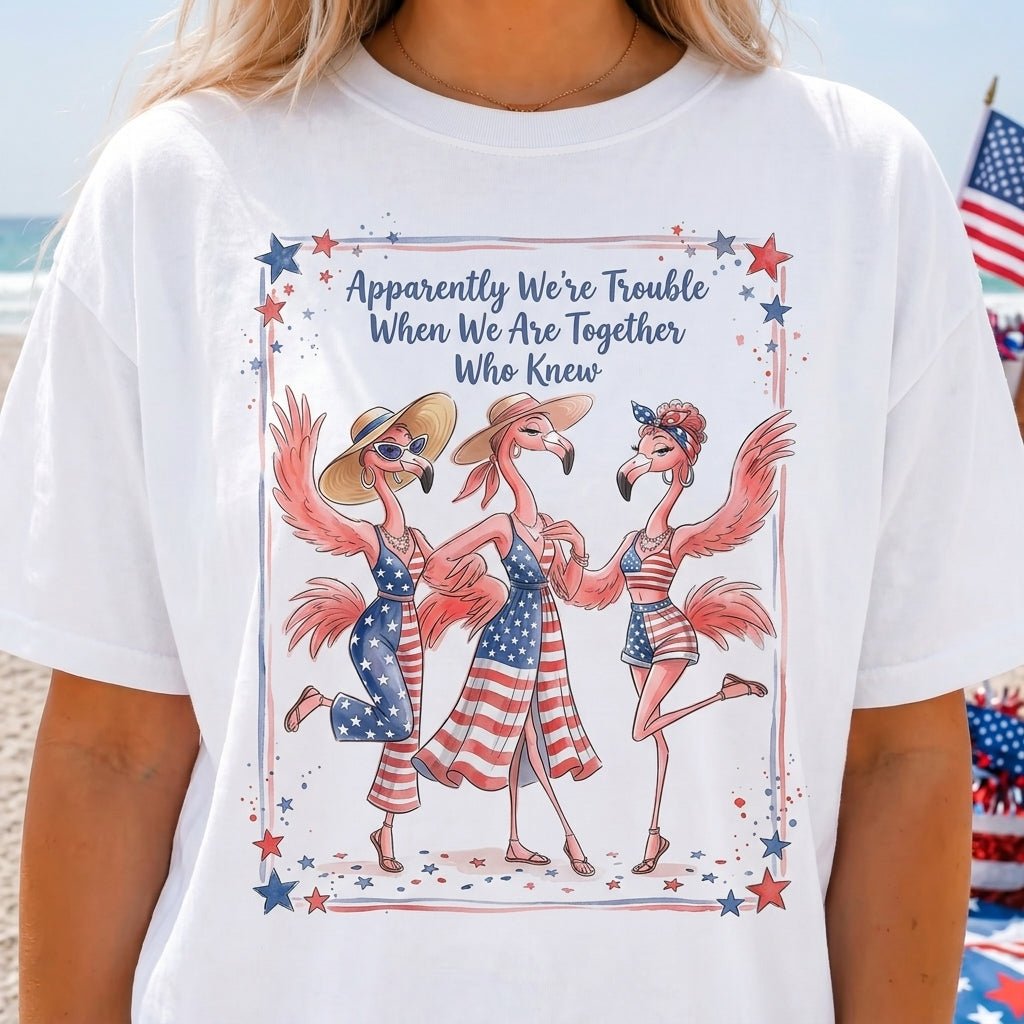 Apparently We're Trouble Flamingo Besties Patriotic July 4th Shirt - FlamingoAholic