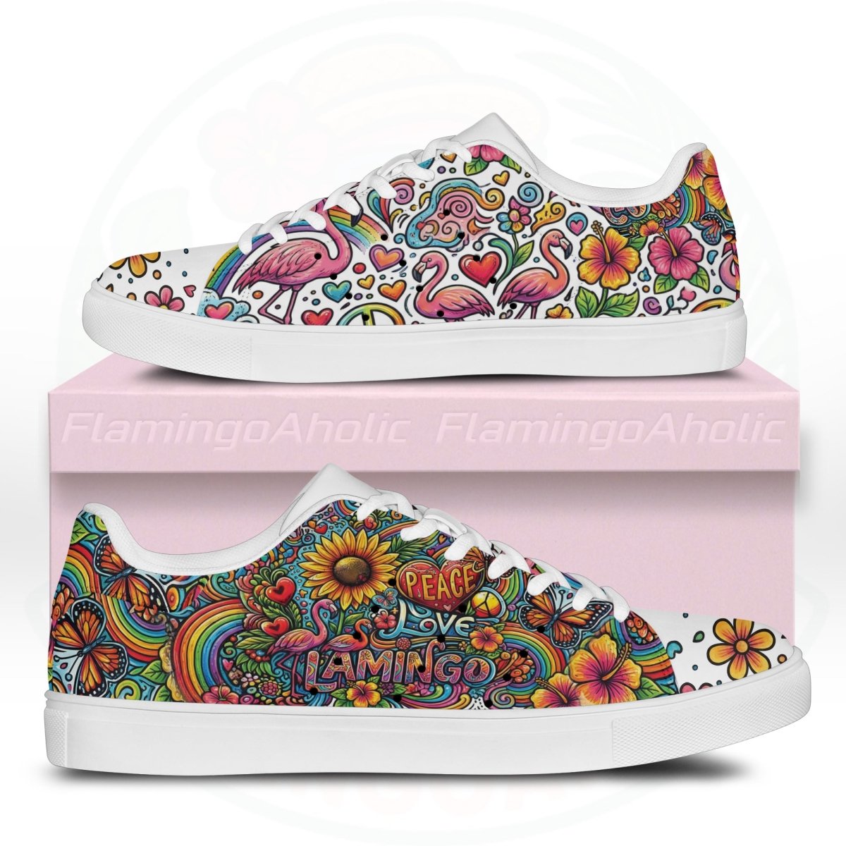 Artistic Genuine Leather Flamingo Skate Sneakers - Peace, Love, & Flamingo - FlamingoAholic