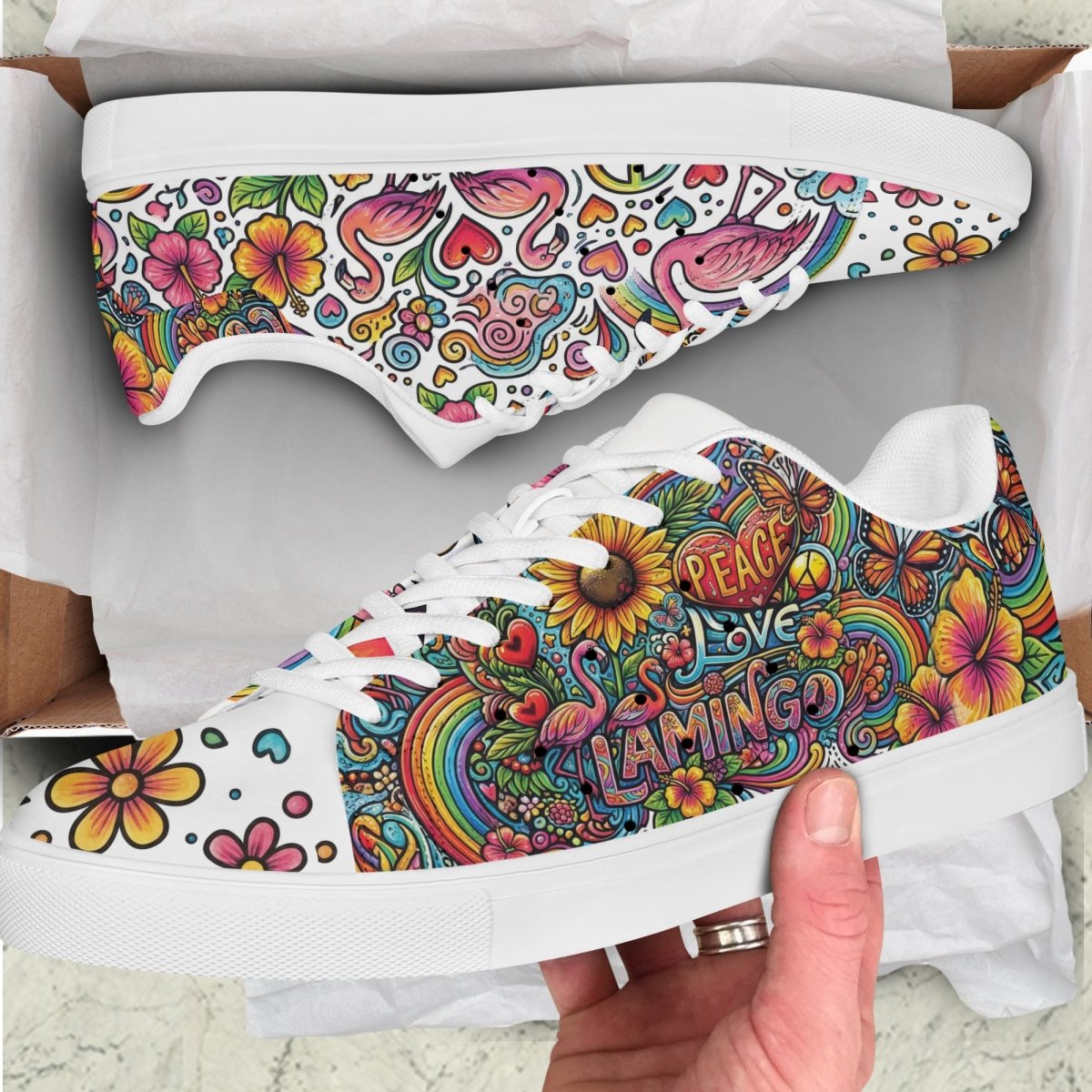 Artistic Genuine Leather Flamingo Skate Sneakers - Peace, Love, & Flamingo - FlamingoAholic